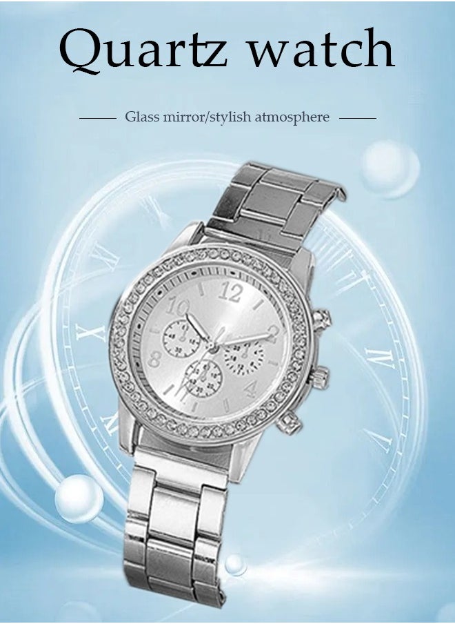 DUNISO 5 Pieces of Rhinestone Watch Set, Alloy Strap Luxury Fashion Watch Bracelet Set, Quartz Crystal Watch, Ring Necklace, Earring Bracelet, Diamond Decorative Design, Silver ﻿  - Image 3