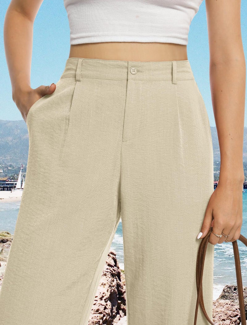 Feiersi Womens Casual Wide Leg Pants High Waisted Button Down Straight Long Trousers Palazzo Pants(Light Khaki,Small) - Image 2