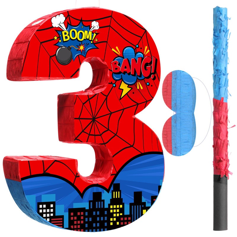 Capoda Number 3 Spider PiÃ±ata Bundle with Blindfold and Bat Spider Birthday Party PiÃ±ata for Birthday Party Decoration, 16.14 x 12.32 x 2.76 Inch - Image 1