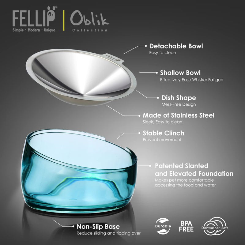 Felli Oblik Elevated Cat Bowl Removable Stainless Steel Wide Dish for Dry Wet Food Feeding & Dishwasher Clean, Slanted Whisker Fatigue Friendly Metal Plate + Acrylic Base Non Slip (0.5Cup Sapphire) - Image 2
