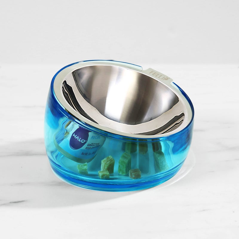 Felli Oblik Elevated Cat Bowl Removable Stainless Steel Wide Dish for Dry Wet Food Feeding & Dishwasher Clean, Slanted Whisker Fatigue Friendly Metal Plate + Acrylic Base Non Slip (0.5Cup Sapphire) - Image 3