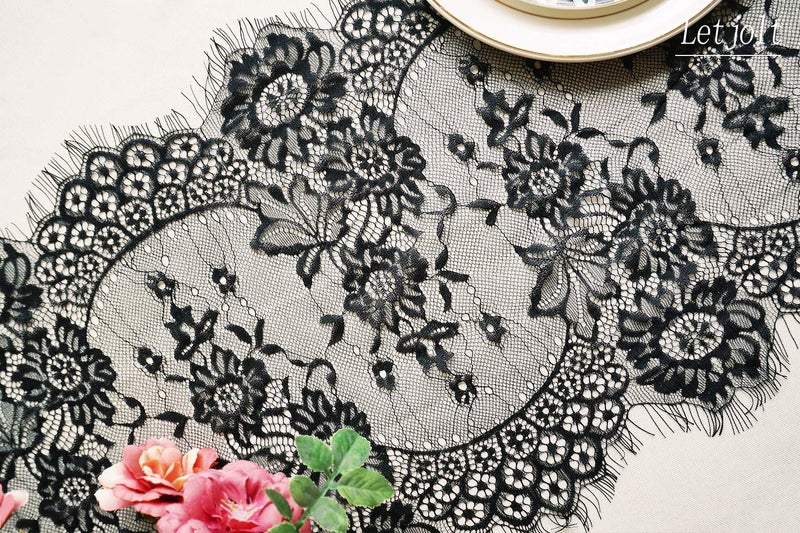 Letjolt 14 x 120 Inches Black Lace Table Runner Decoration Anniversary Embroidered Doilies Party Supplies Vintage Lace Centerpiece Theme for Boho Wedding Bridal Baby Shower Decorations - Image 2