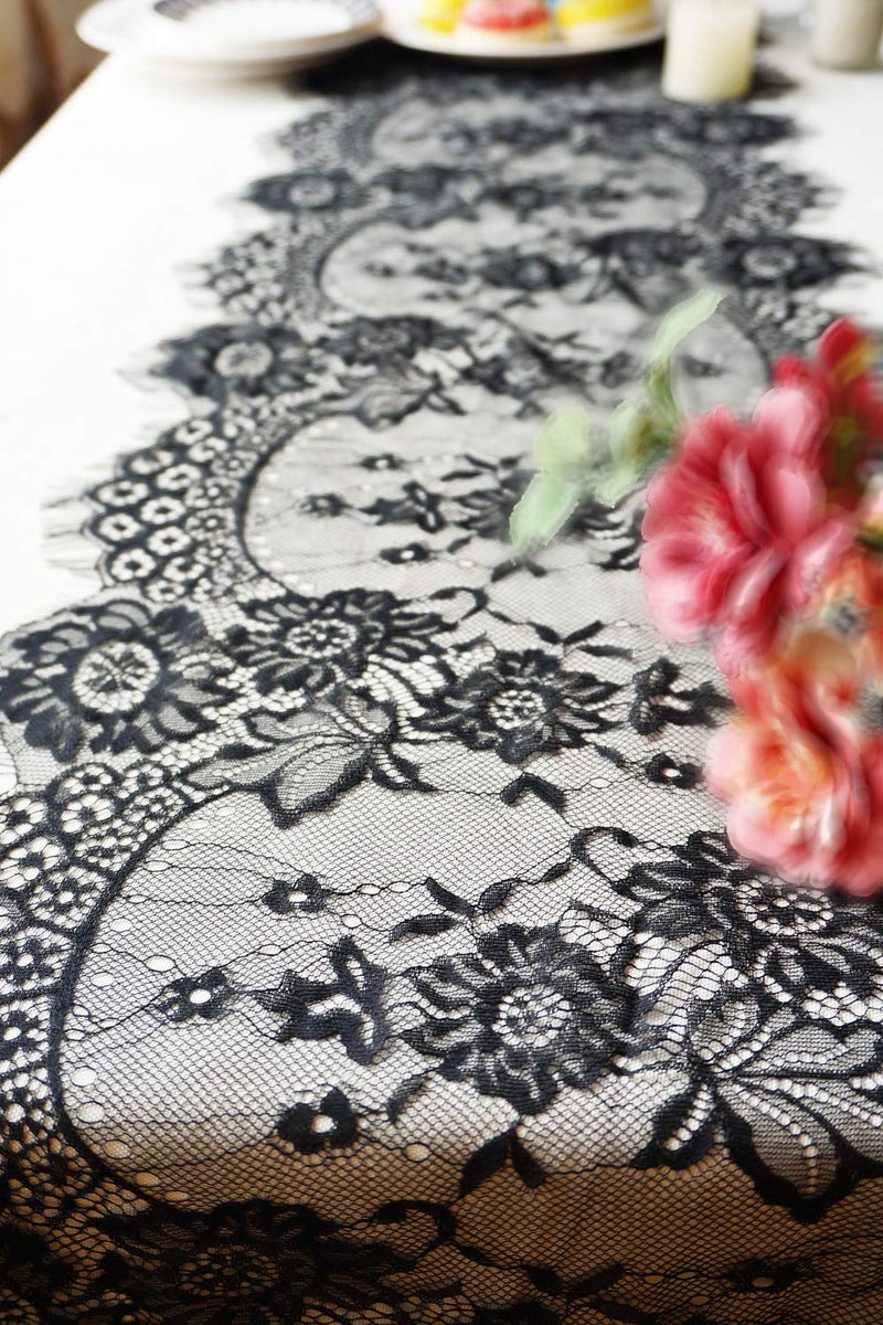 Letjolt 14 x 120 Inches Black Lace Table Runner Decoration Anniversary Embroidered Doilies Party Supplies Vintage Lace Centerpiece Theme for Boho Wedding Bridal Baby Shower Decorations - Image 1