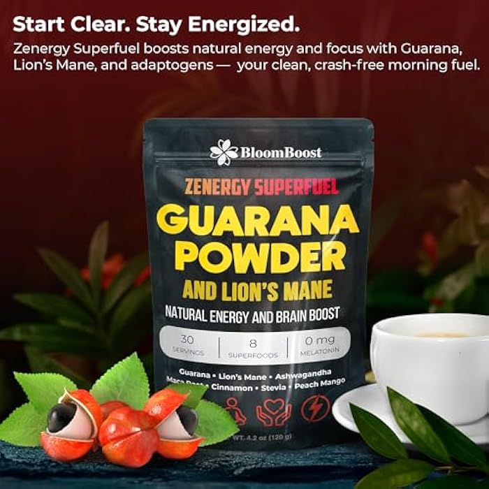 BloomBoost Guarana Powder 1,000mg Per Serv - Lion’s Mane, Ashwagandha, Maca,... Natural Caffeine Energizer, Brazilian Herbal Extract, Bulk Superfood, Vegan Friendly, & Non-GMO - 4.2oz (30 Servings) - Image 3