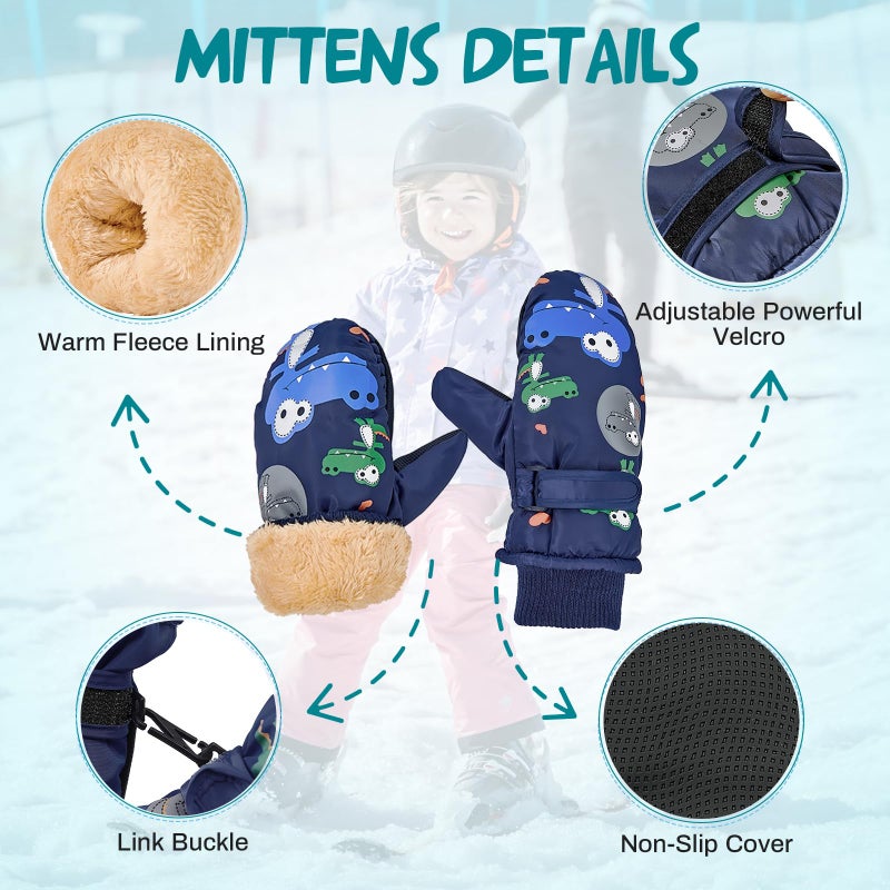 American Trends Toddler Winter Mittens Waterproof Boy Ski Gloves Warm Fleece Snow Mitten for Baby Boy Girl Cold Weather Navy Green S(Fits 2-4 years) - Image 4