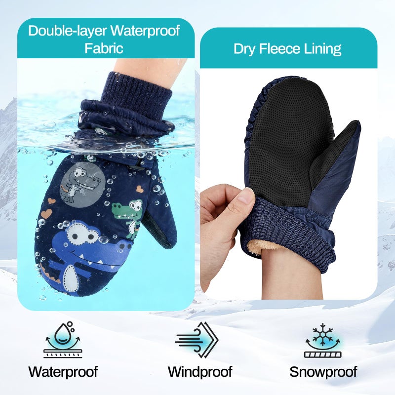 American Trends Toddler Winter Mittens Waterproof Boy Ski Gloves Warm Fleece Snow Mitten for Baby Boy Girl Cold Weather Navy Green S(Fits 2-4 years) - Image 3
