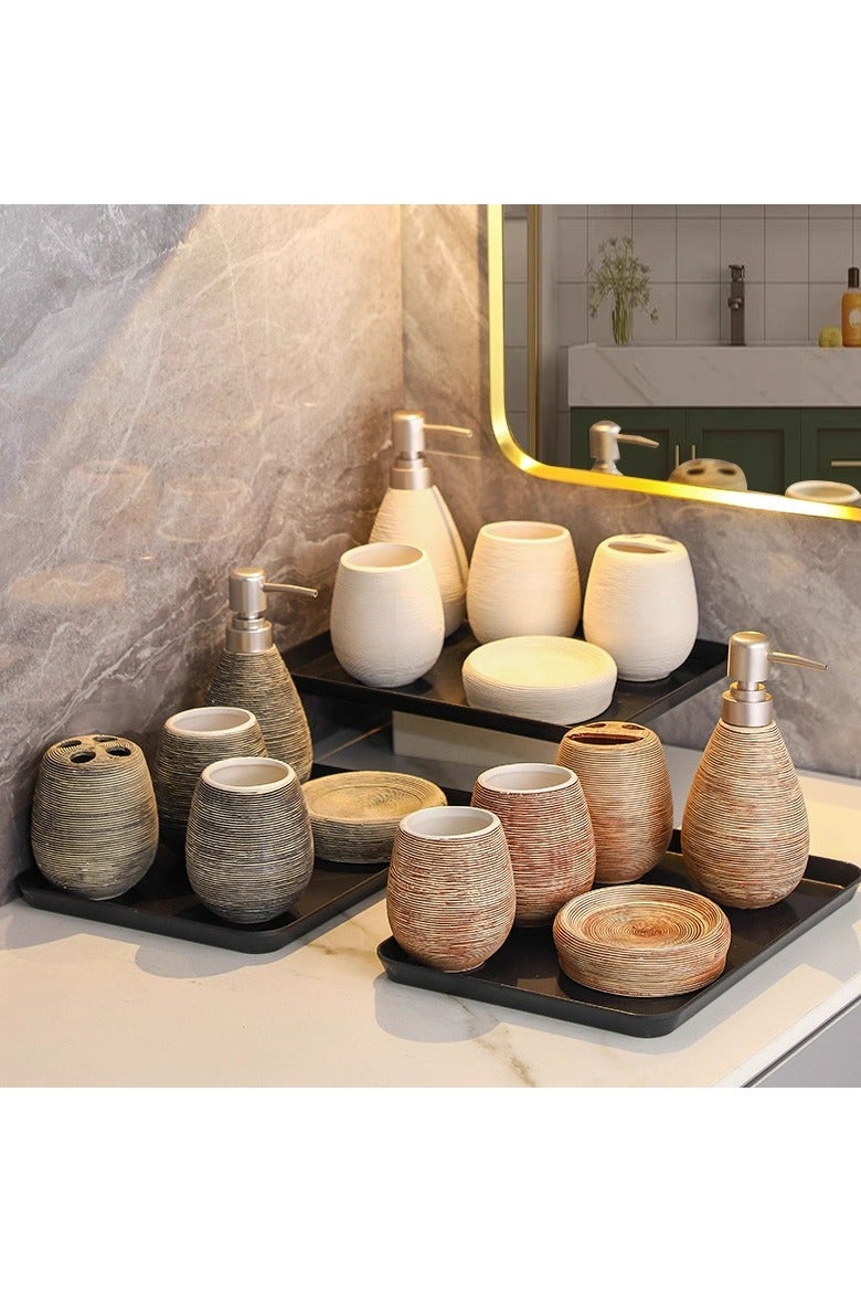 JiFENG 5pcs Bathroom Accessories Set Ceramic Soap Dispenser, Soap Dish,Toothbrush Holder and  2 Cups,Modern Countertop Sink Decor - Image 2