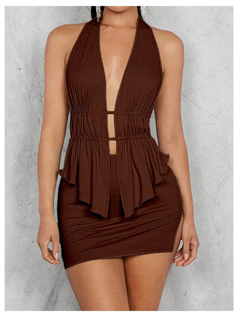 SHENHE Women's Sexy Outfits 2 Piece Y2k Backless Deep V Ruffle Halter Top Bodycon Slit Mini Skirt Set Coffee Brown Small - Image 3