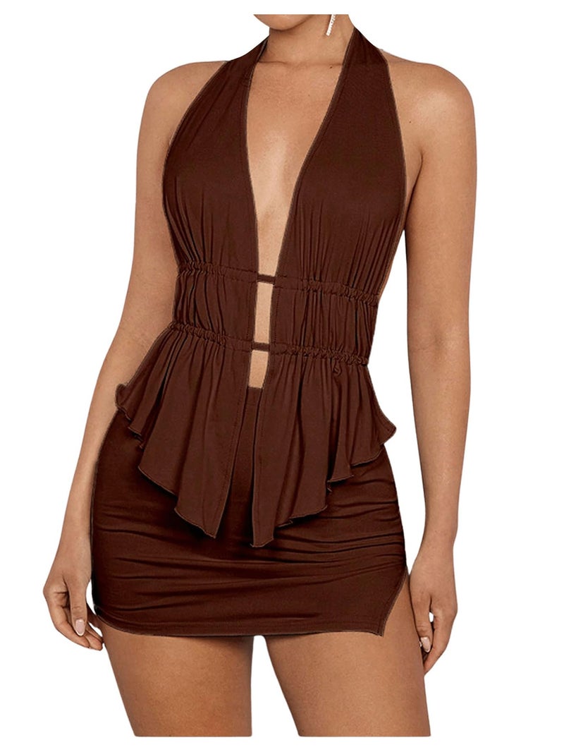 SHENHE Women's Sexy Outfits 2 Piece Y2k Backless Deep V Ruffle Halter Top Bodycon Slit Mini Skirt Set Coffee Brown Small - Image 1