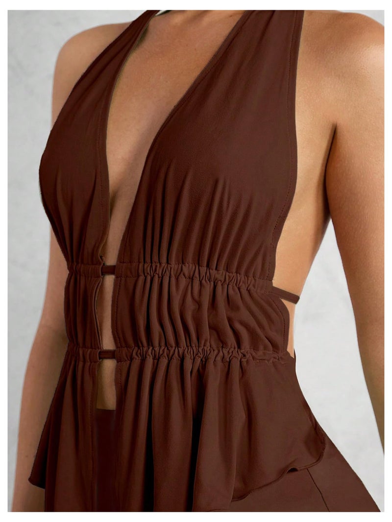 SHENHE Women's Sexy Outfits 2 Piece Y2k Backless Deep V Ruffle Halter Top Bodycon Slit Mini Skirt Set Coffee Brown Small - Image 4