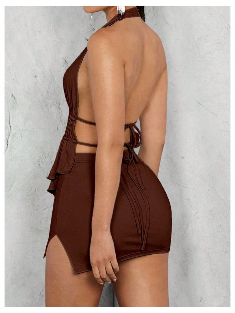 SHENHE Women's Sexy Outfits 2 Piece Y2k Backless Deep V Ruffle Halter Top Bodycon Slit Mini Skirt Set Coffee Brown Small - Image 2