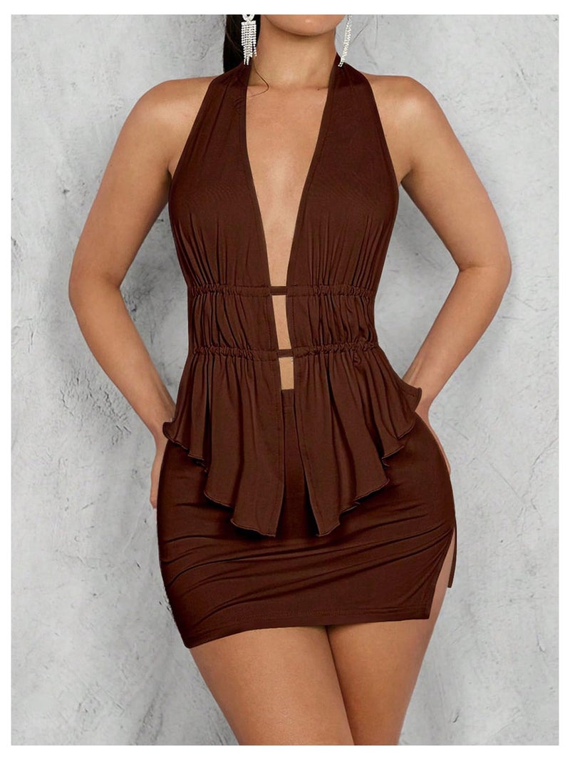 SHENHE Women's Sexy Outfits 2 Piece Y2k Backless Deep V Ruffle Halter Top Bodycon Slit Mini Skirt Set Coffee Brown Small - Image 5