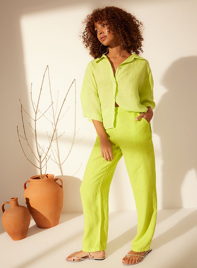 trendyol Yellow 100% Linen High Waist Wide Leg Trousers TWOSS24JE00246 - Image 2