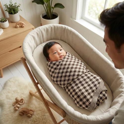 Bleu La La Checkered Baby Blanket for Baby Boys & Girls - 100% Soft Fine Cotton Quilt Receiving Swaddle Stroller Nursery Bed Blanket Unisex Gender Neutral for Newborns Toddlers (Plaid - Mocha) - Image 4