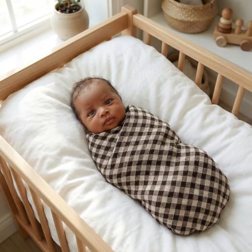 Bleu La La Checkered Baby Blanket for Baby Boys & Girls - 100% Soft Fine Cotton Quilt Receiving Swaddle Stroller Nursery Bed Blanket Unisex Gender Neutral for Newborns Toddlers (Plaid - Mocha) - Image 2