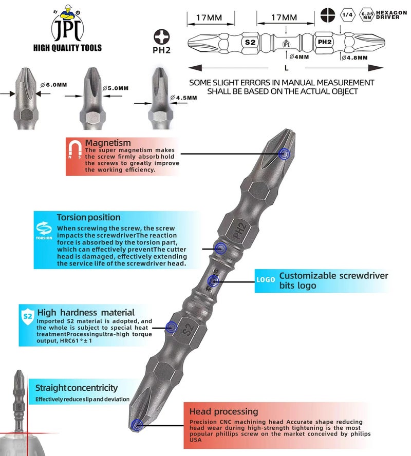 JPT Two Sided Magnetic Screwdriver Bit Set | S2 High Torque Alloy Steel | PH2 Power Drill Double End | 10 Bits Set - Image 4