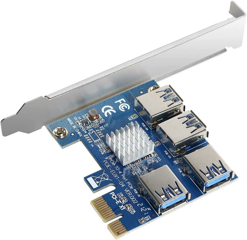 Etzin PCIe 1 to 4 Riser Card, Pcie Splitter, 4 Risers into 1 PCI Card, PCIe Multiplier Risers 1X to External 4 PCI-e USB3.0 Adapter for ETH Miner GPU Crypto Bitcoin Ethereum Mining-(EPL-739PC) - Image 1