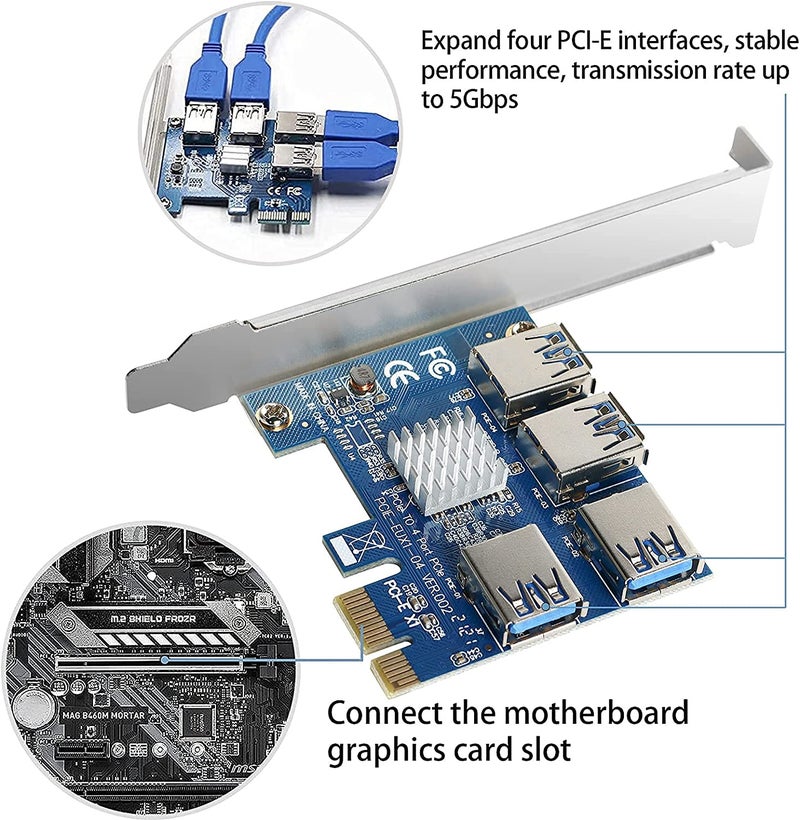 Etzin PCIe 1 to 4 Riser Card, Pcie Splitter, 4 Risers into 1 PCI Card, PCIe Multiplier Risers 1X to External 4 PCI-e USB3.0 Adapter for ETH Miner GPU Crypto Bitcoin Ethereum Mining-(EPL-739PC) - Image 4