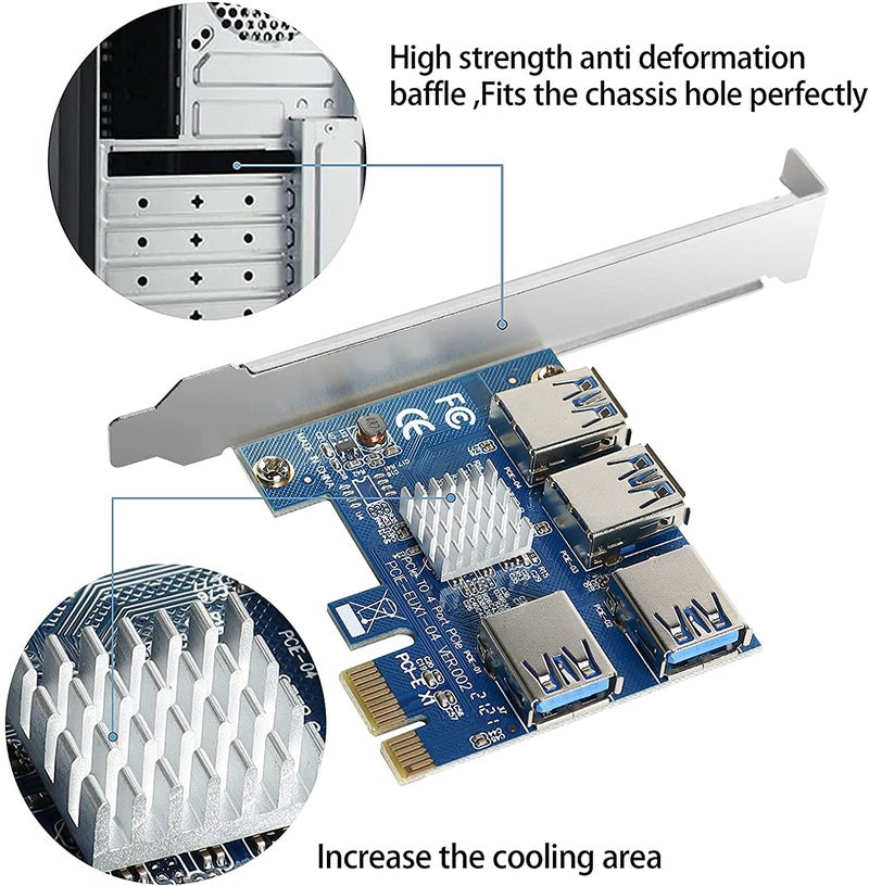Etzin PCIe 1 to 4 Riser Card, Pcie Splitter, 4 Risers into 1 PCI Card, PCIe Multiplier Risers 1X to External 4 PCI-e USB3.0 Adapter for ETH Miner GPU Crypto Bitcoin Ethereum Mining-(EPL-739PC) - Image 5