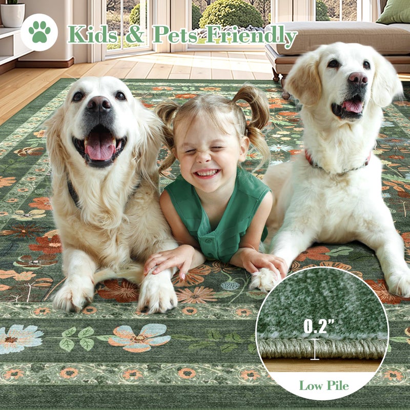 Deerly Green Boho Floral Rug 6x9 Vintage Boho Washable Non-Slip Living Room Carpet Soft Low Pile Thin Bedroom Floor Mat Indoor for Dining Room Playroom Nursery Farmhouse, Green/Multi - Image 4