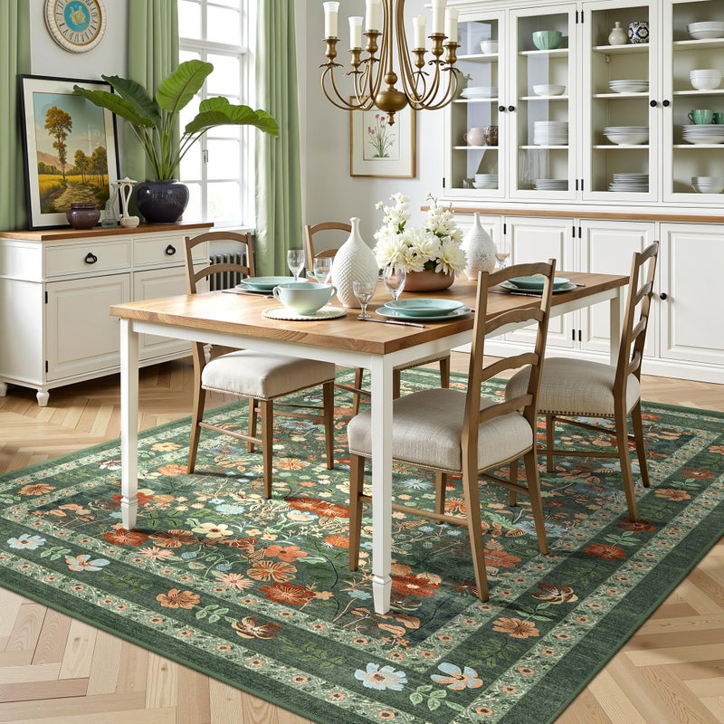 Deerly Green Boho Floral Rug 6x9 Vintage Boho Washable Non-Slip Living Room Carpet Soft Low Pile Thin Bedroom Floor Mat Indoor for Dining Room Playroom Nursery Farmhouse, Green/Multi - Image 3