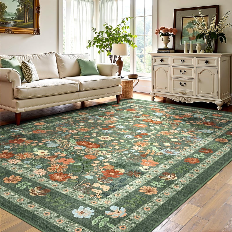 Deerly Green Boho Floral Rug 6x9 Vintage Boho Washable Non-Slip Living Room Carpet Soft Low Pile Thin Bedroom Floor Mat Indoor for Dining Room Playroom Nursery Farmhouse, Green/Multi - Image 1
