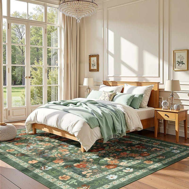 Deerly Green Boho Floral Rug 6x9 Vintage Boho Washable Non-Slip Living Room Carpet Soft Low Pile Thin Bedroom Floor Mat Indoor for Dining Room Playroom Nursery Farmhouse, Green/Multi - Image 2