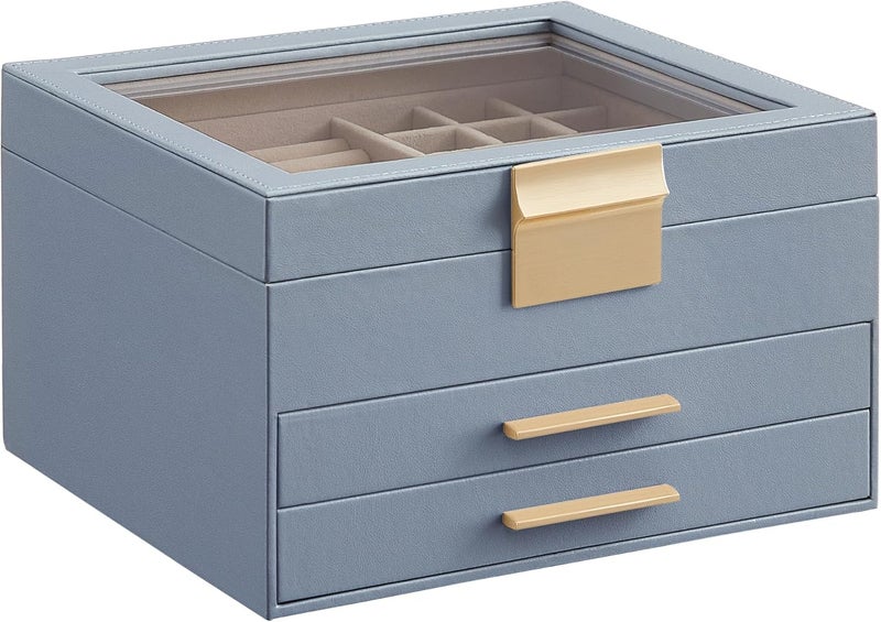 SONGMICS Jewelry Box with Glass Lid, 3-Layer Jewelry Organizer, 2 Drawers, 8 x 9.1 x 5.3 Inches, Smoky Blue and Gold Color - Image 1