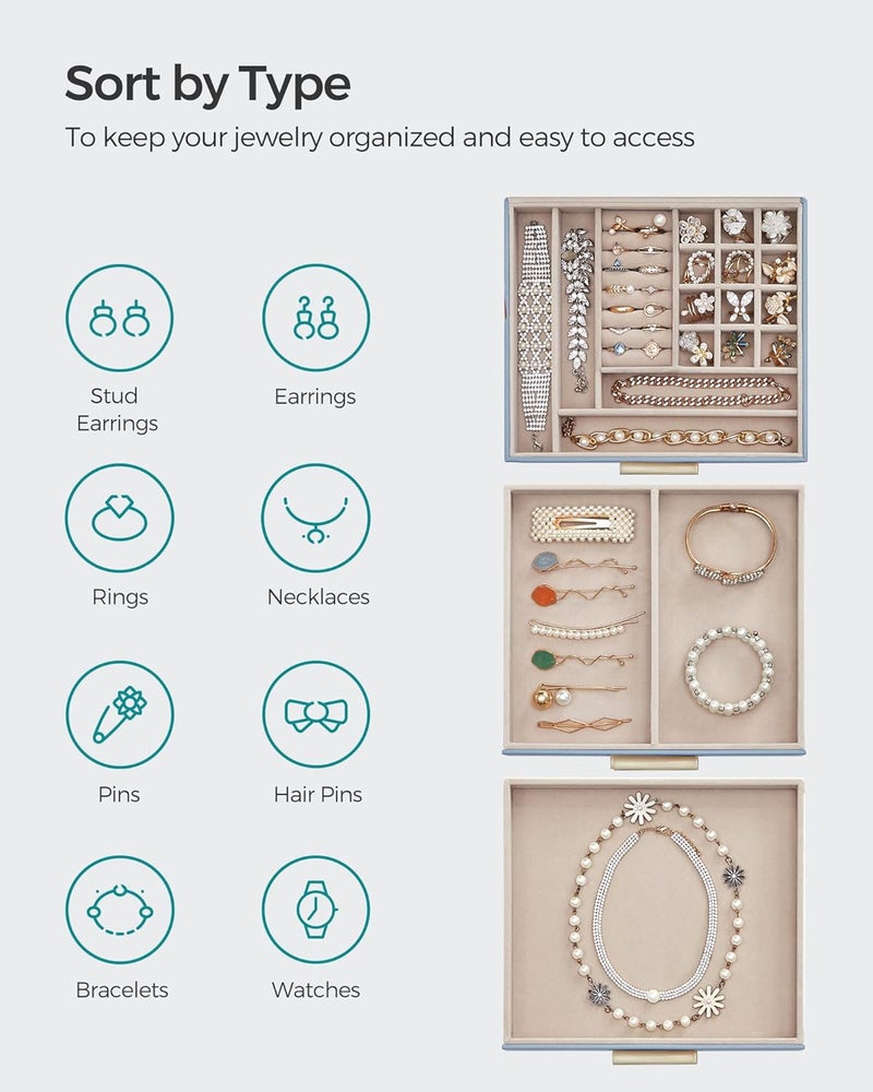 SONGMICS Jewelry Box with Glass Lid, 3-Layer Jewelry Organizer, 2 Drawers, 8 x 9.1 x 5.3 Inches, Smoky Blue and Gold Color - Image 3