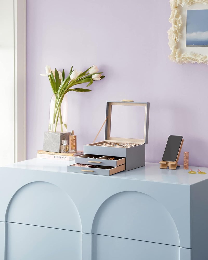 SONGMICS Jewelry Box with Glass Lid, 3-Layer Jewelry Organizer, 2 Drawers, 8 x 9.1 x 5.3 Inches, Smoky Blue and Gold Color - Image 2