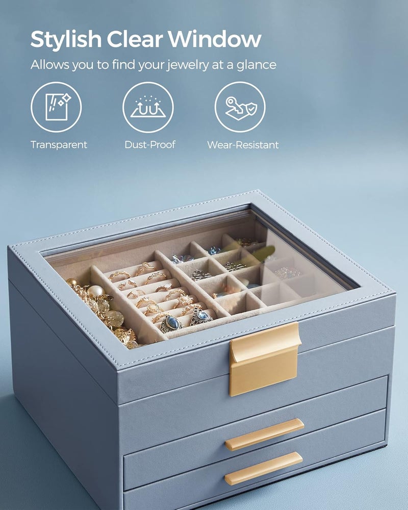 SONGMICS Jewelry Box with Glass Lid, 3-Layer Jewelry Organizer, 2 Drawers, 8 x 9.1 x 5.3 Inches, Smoky Blue and Gold Color - Image 4