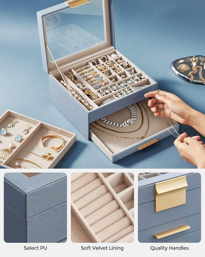 SONGMICS Jewelry Box with Glass Lid, 3-Layer Jewelry Organizer, 2 Drawers, 8 x 9.1 x 5.3 Inches, Smoky Blue and Gold Color - Image 5