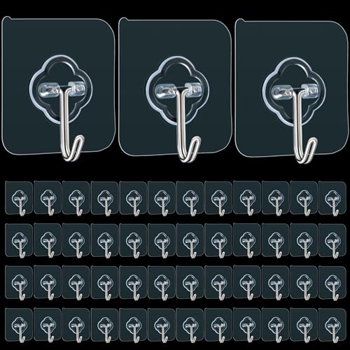 DKHDBD Adhesive Wall Hooks for Hanging, 50 Pack Heavy Duty Stainless Self Sticky Hooks, Waterproof and Rustproof Clear Self Adhesive Utility Hooks for Bathroom Kitchen Office Outdoor Inside Wardrobe Towel - Image 1