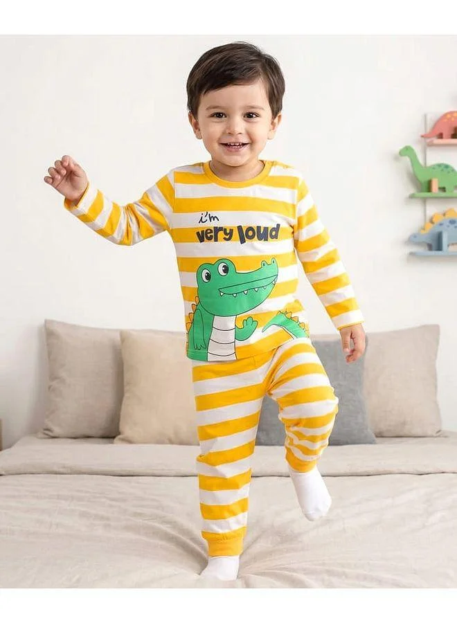 Babyhug Babyhug Cotton Knit Striped T-Shirt & Pyjama Pant Night Suit With Crocodile Print - Yellow