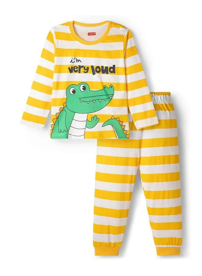 Babyhug Babyhug Cotton Knit Striped T-Shirt & Pyjama Pant Night Suit With Crocodile Print - Yellow