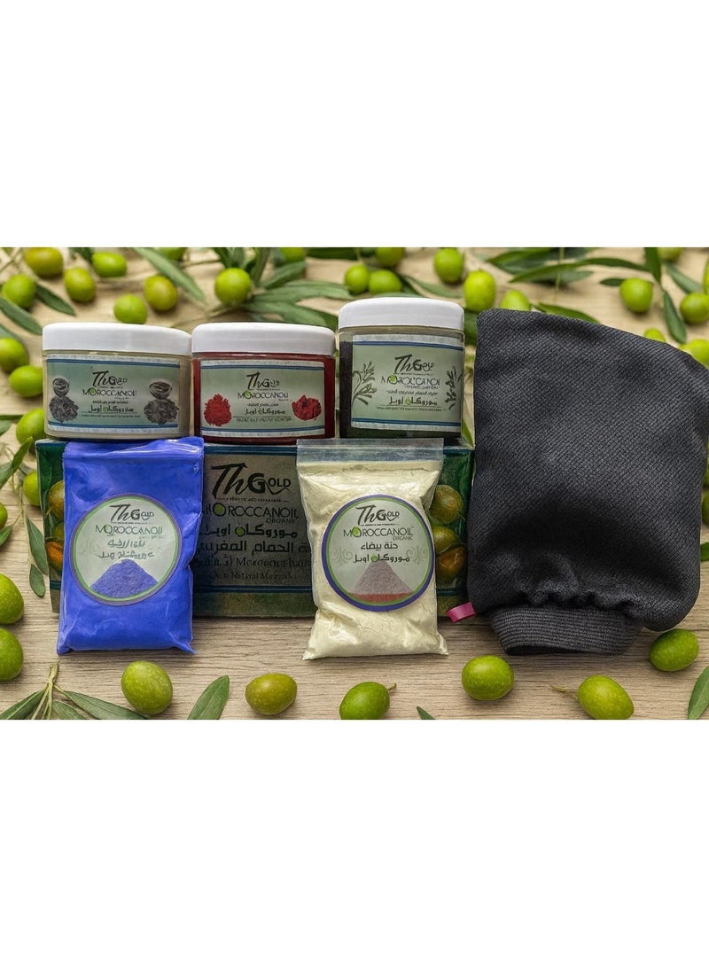 The Moroccan Bath 6-in-1 Set from Morka Oil includes a foot scrub, Moroccan soap, Moroccan clay, Moroccan loofah, white henna, indigo, and a foot mask – a luxurious spa experience at home. - Image 2