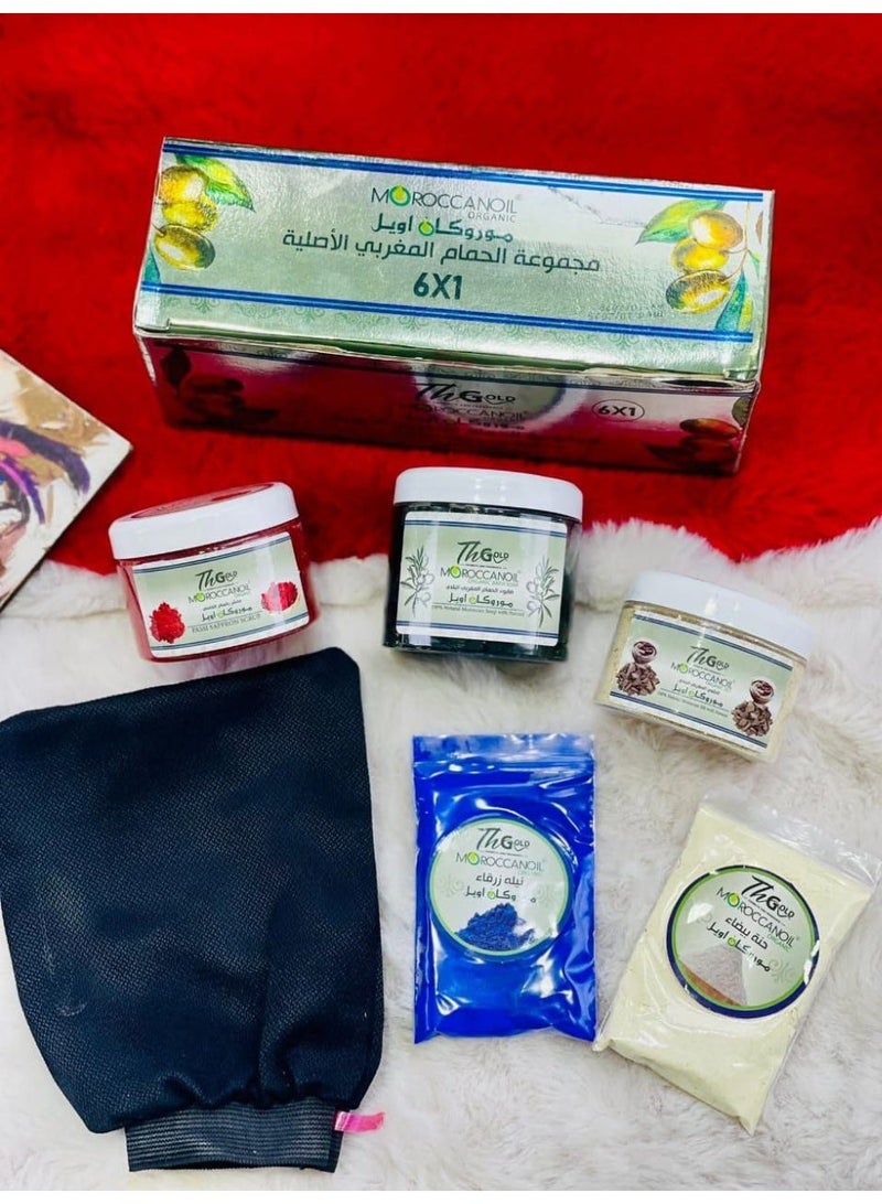 The Moroccan Bath 6-in-1 Set from Morka Oil includes a foot scrub, Moroccan soap, Moroccan clay, Moroccan loofah, white henna, indigo, and a foot mask – a luxurious spa experience at home. - Image 3