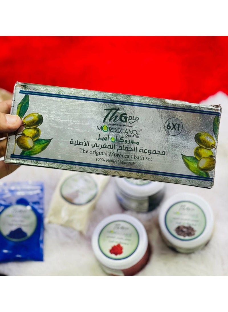 The Moroccan Bath 6-in-1 Set from Morka Oil includes a foot scrub, Moroccan soap, Moroccan clay, Moroccan loofah, white henna, indigo, and a foot mask – a luxurious spa experience at home. - Image 4