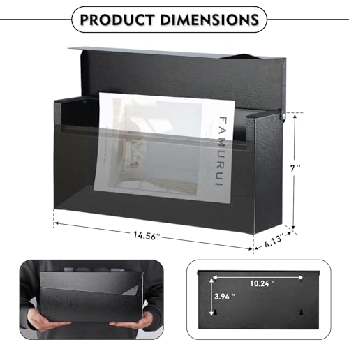 KYODOLED Wall-Mount Mailbox, Large Capacity Mail Box, Mailboxes for Outside, Galvanized Steel Rust-Proof Metal Post Box, 14.56" x7" x4.13" Black - Image 2