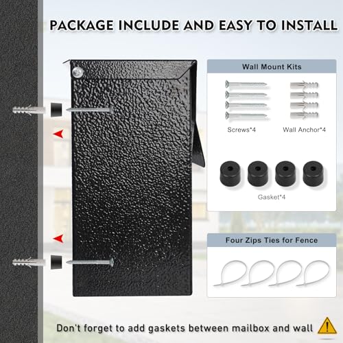 KYODOLED Wall-Mount Mailbox, Large Capacity Mail Box, Mailboxes for Outside, Galvanized Steel Rust-Proof Metal Post Box, 14.56" x7" x4.13" Black - Image 4