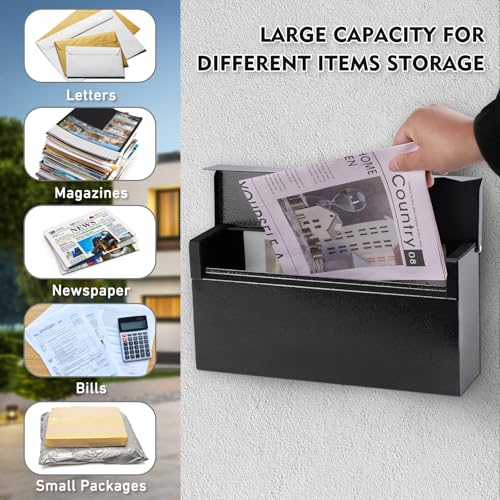 KYODOLED Wall-Mount Mailbox, Large Capacity Mail Box, Mailboxes for Outside, Galvanized Steel Rust-Proof Metal Post Box, 14.56" x7" x4.13" Black - Image 3