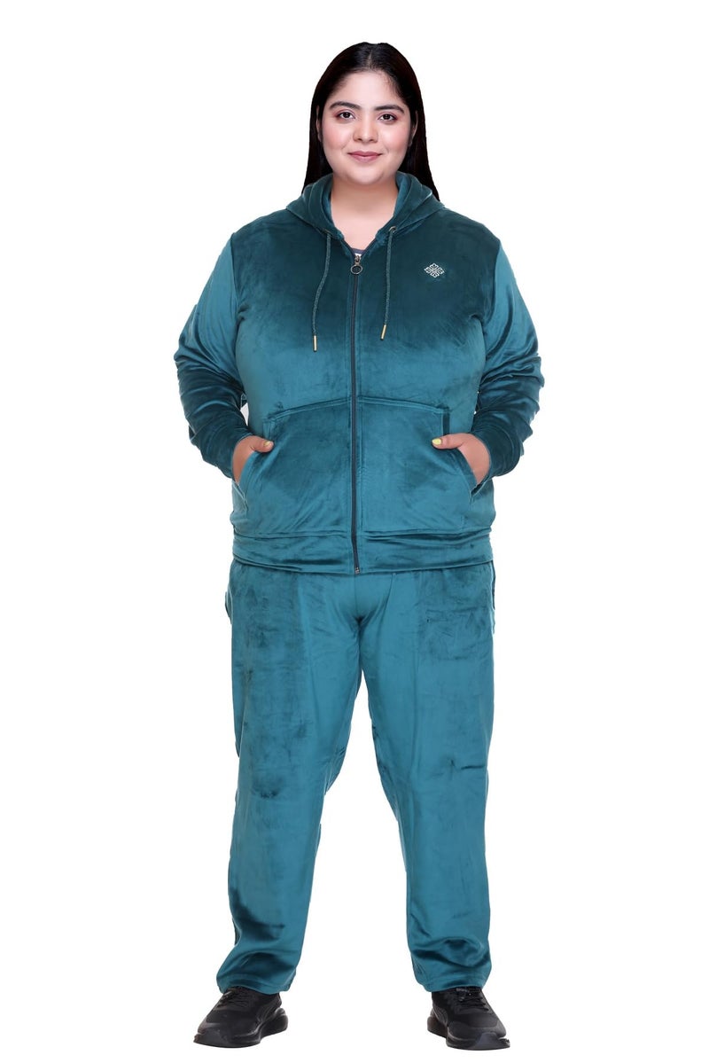 In Love Women's Stylish Zipper Velvet Plus Size Longline Winter Wear Track Suit Night Suit Co-Ord Set - Image 1