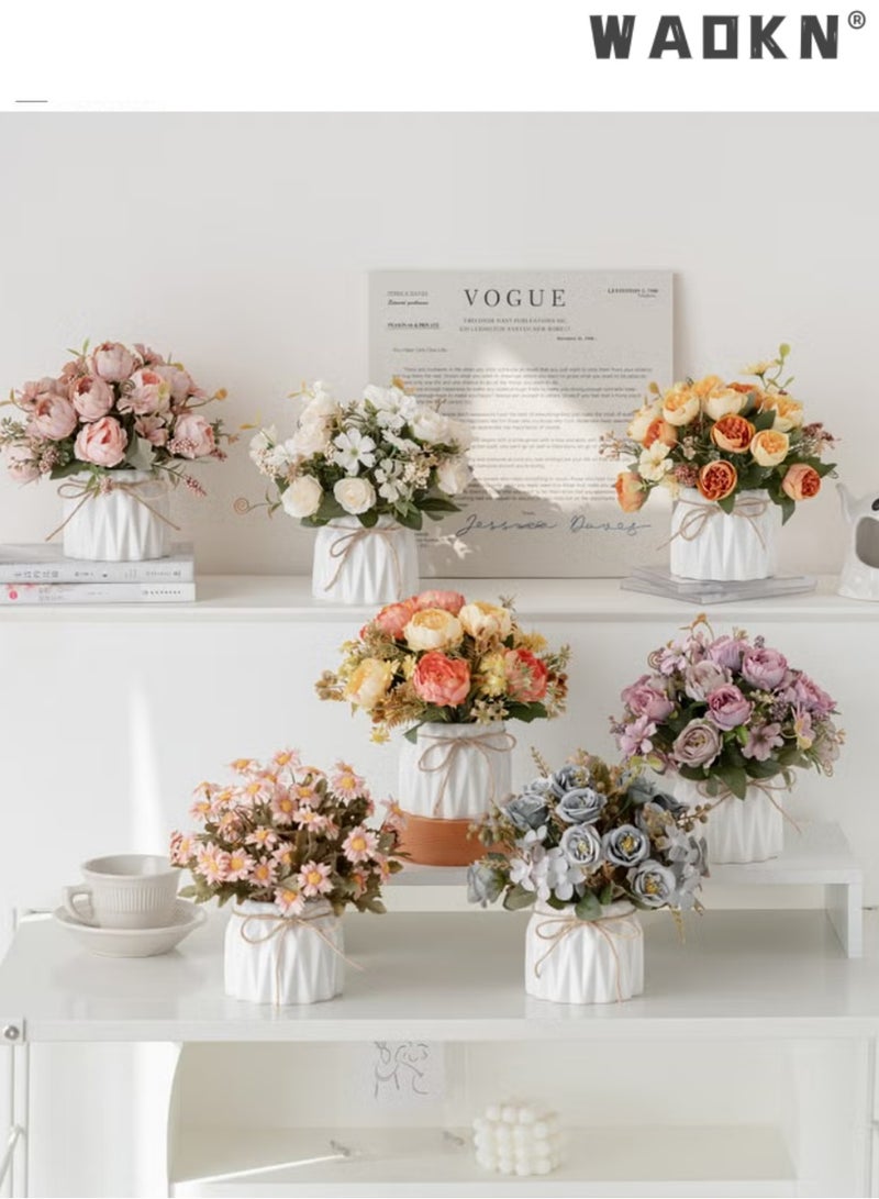 WAOKN Hbluefat Faux Flowers with Vase,Artificial Silk Flowers in Ceramic Vase,Small Fake Flower Arrangement for Home Office Kitchen Bathroom Coffee Dining Table Centerpiece Decor (Pink,Chrysanthemum) - Image 2