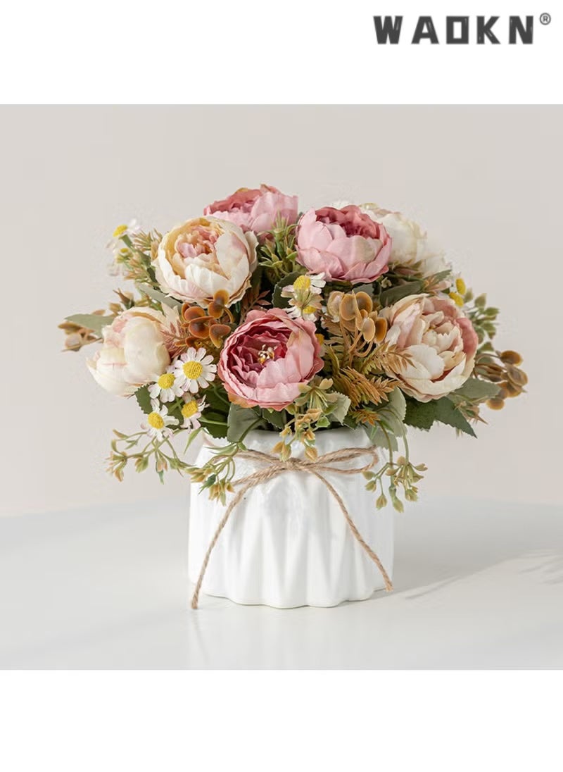 WAOKN Hbluefat Faux Flowers with Vase,Artificial Silk Flowers in Ceramic Vase,Small Fake Flower Arrangement for Home Office Kitchen Bathroom Coffee Dining Table Centerpiece Decor (Pink,Chrysanthemum) - Image 1