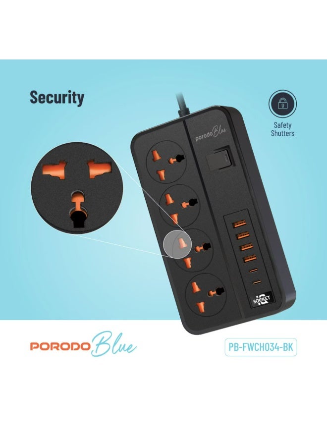 porodo Blue 4 AC Universal Power Strip with ×4 USB-A & ×2 USB-C Ports, 3000W Rated Power, 3m Cable Length, UK 3-Pin Power Plug, Premium Materials, Safety Shutters - Black - Image 4
