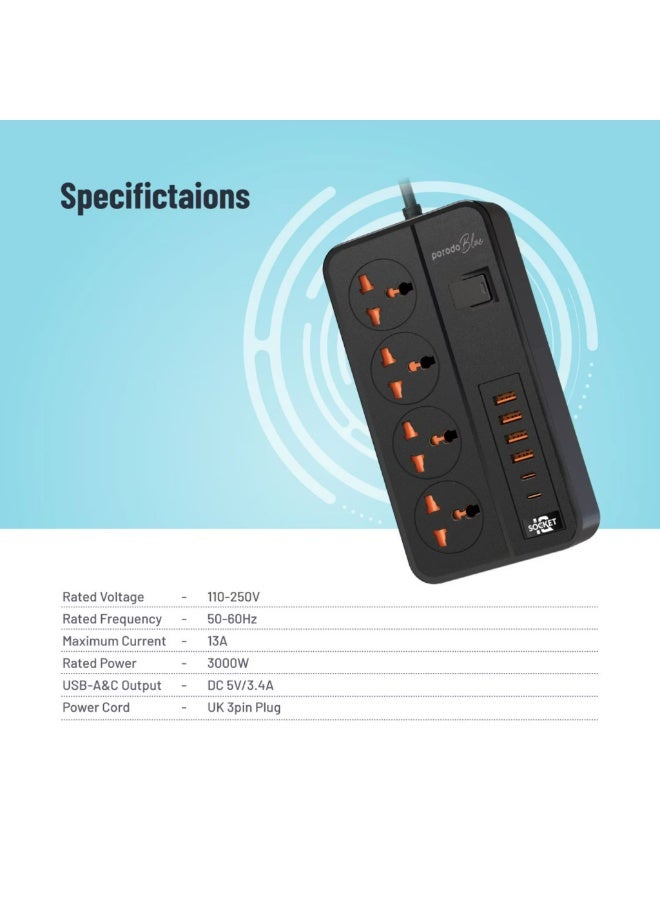 porodo Blue 4 AC Universal Power Strip with ×4 USB-A & ×2 USB-C Ports, 3000W Rated Power, 3m Cable Length, UK 3-Pin Power Plug, Premium Materials, Safety Shutters - Black - Image 5