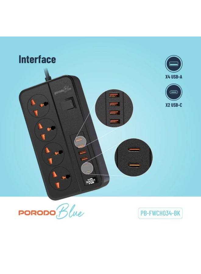porodo Blue 4 AC Universal Power Strip with ×4 USB-A & ×2 USB-C Ports, 3000W Rated Power, 3m Cable Length, UK 3-Pin Power Plug, Premium Materials, Safety Shutters - Black - Image 2