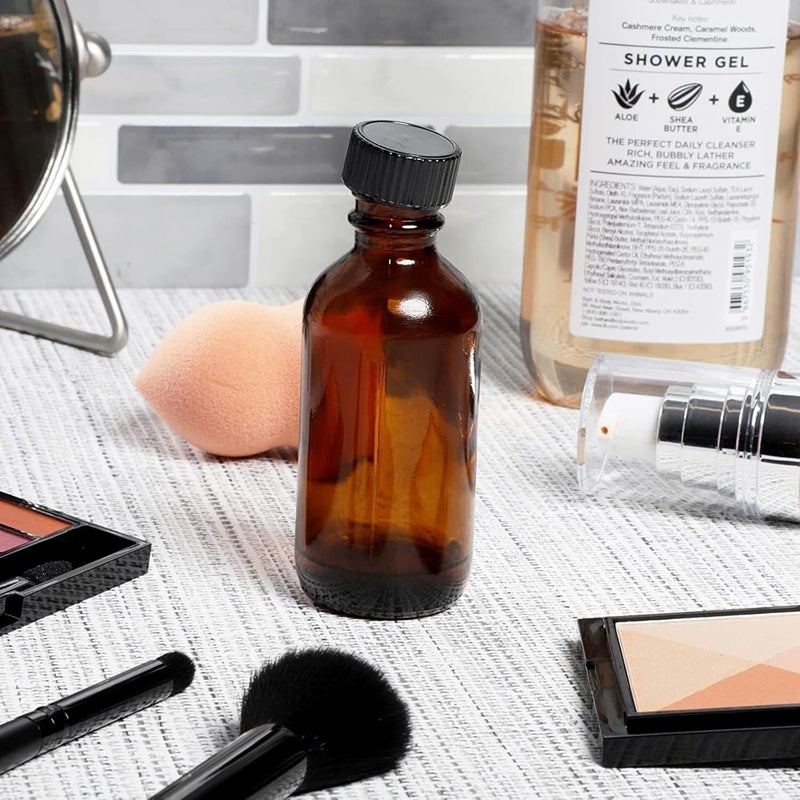 Juvale Two Ounce Amber Glass Bottles - 2 Oz, 30 Pack - Black Poly Cone Caps & 6 Funnels for Vanilla Extract - Shot Bottles With Caps - Image 2