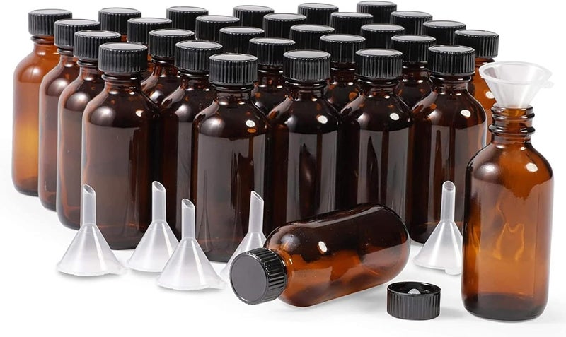 Juvale Two Ounce Amber Glass Bottles - 2 Oz, 30 Pack - Black Poly Cone Caps & 6 Funnels for Vanilla Extract - Shot Bottles With Caps - Image 1