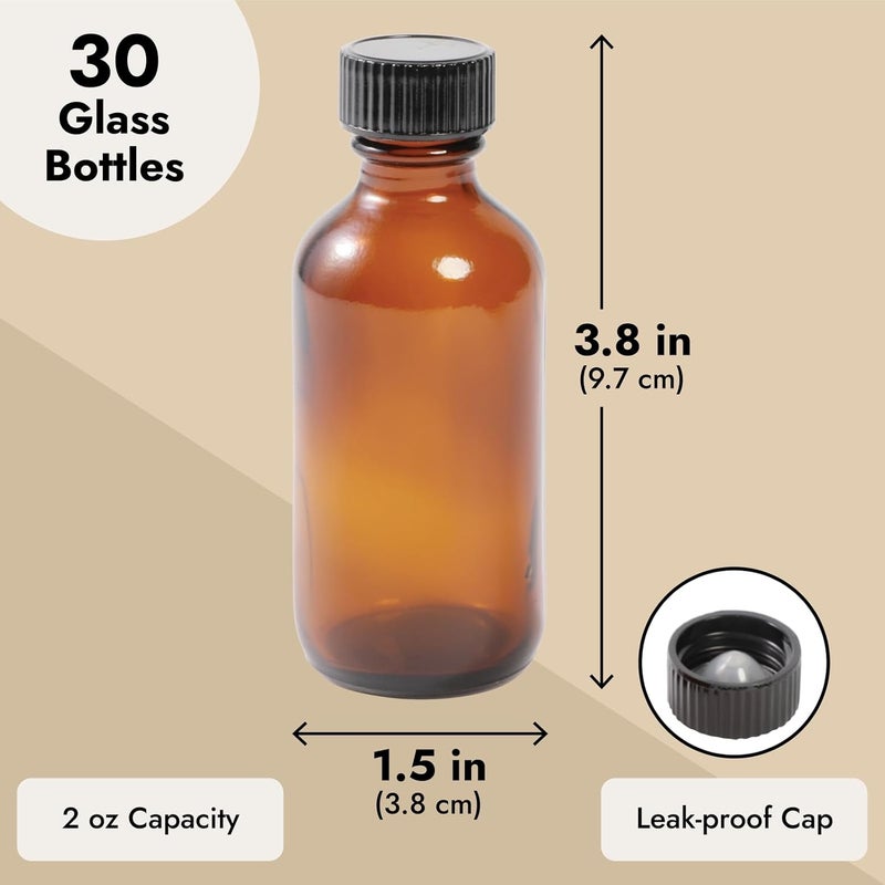 Juvale Two Ounce Amber Glass Bottles - 2 Oz, 30 Pack - Black Poly Cone Caps & 6 Funnels for Vanilla Extract - Shot Bottles With Caps - Image 3